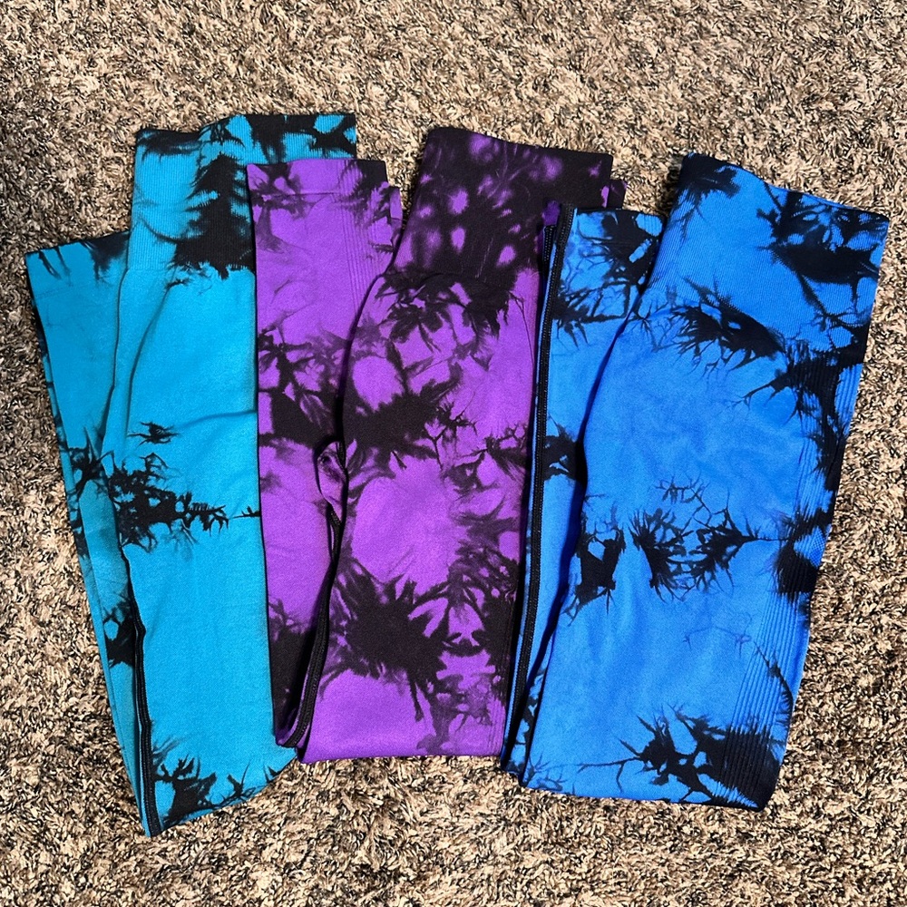 Tie-Dye Workout Leggings Set of 3- Blue, Purple, Teal